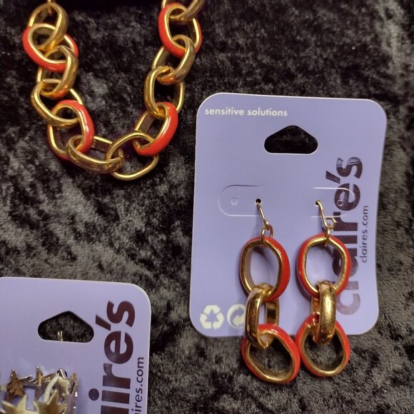 New‎ Claires Icing Chunky Chain Link Collar Choker Necklace Rings Earrings Set - Picture 5 of 10